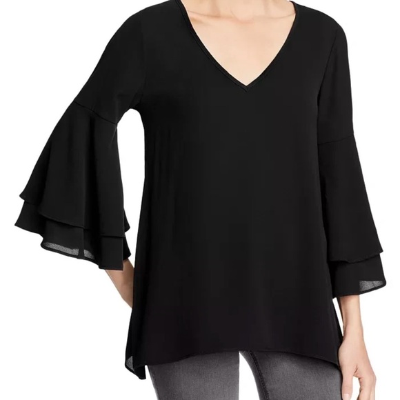 Black chiffon-feel flowy top with bell sleeves - Picture 1 of 5